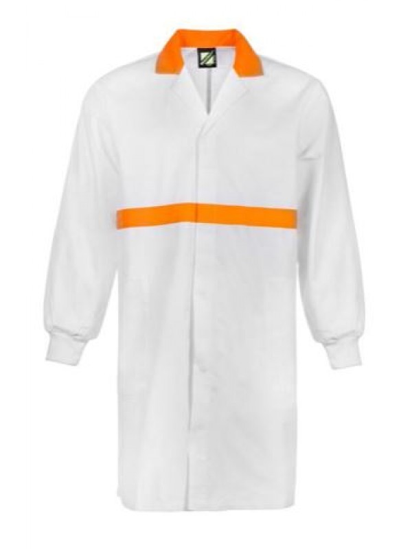 FOOD INDUSTRY DUSTCOAT WITH CONTRAST COLLAR, CHESTBAND, INTERNAL PATCH POCKETS - LONG SLEEVE